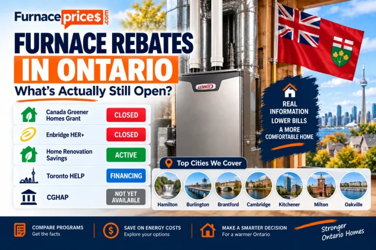 Furnace rebates in Ontario showing current programs, financing options, and top cities including Hamilton, Burlington and Oakville.