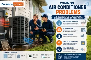 Common air conditioner problems infographic showing an HVAC technician diagnosing a central AC unit with frozen coils, water leaks, airflow issues, and electrical faults.