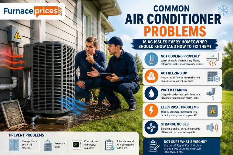 Common air conditioner problems infographic showing an HVAC technician diagnosing a central AC unit with frozen coils, water leaks, airflow issues, and electrical faults.