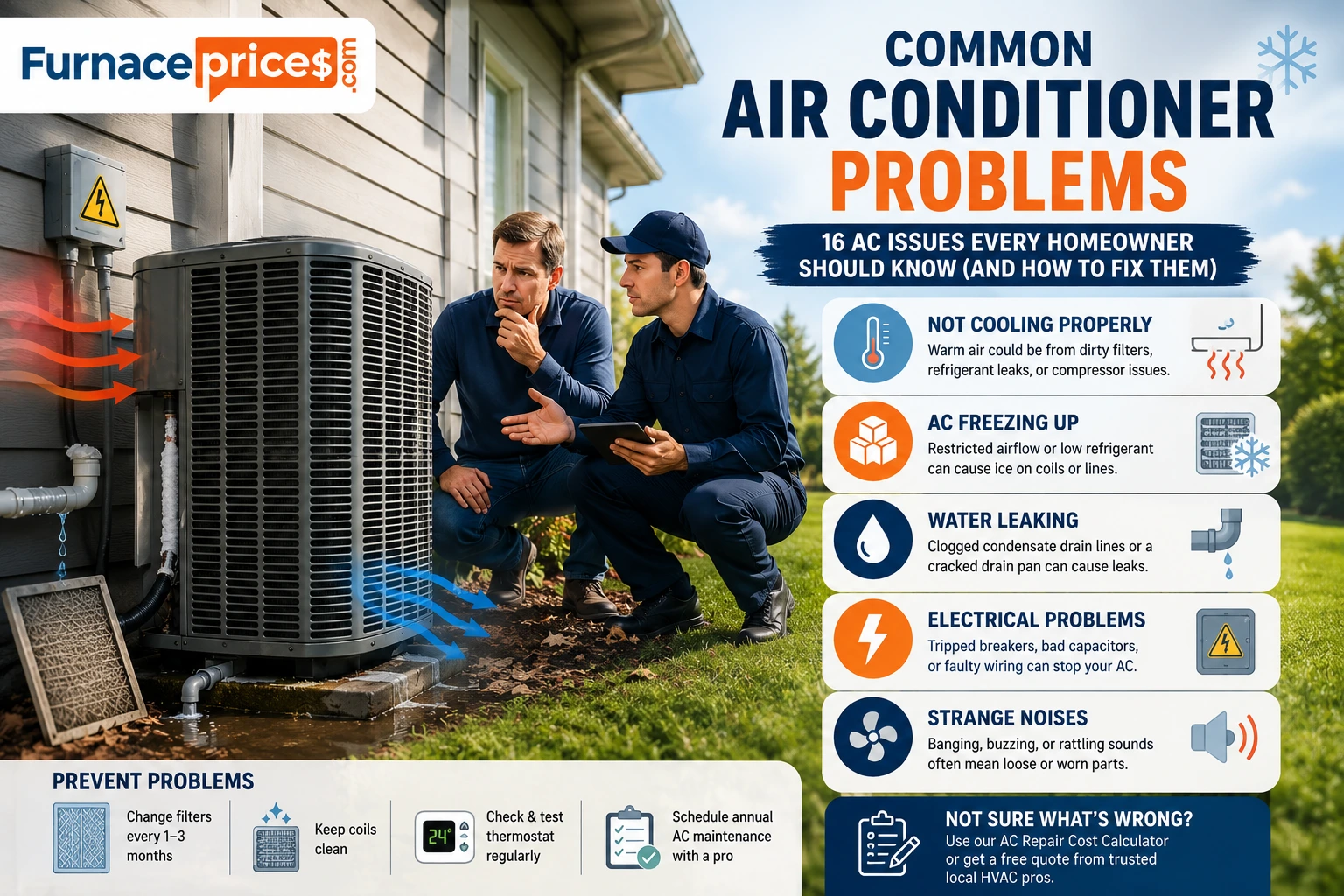 Common air conditioner problems infographic showing an HVAC technician diagnosing a central AC unit with frozen coils, water leaks, airflow issues, and electrical faults.