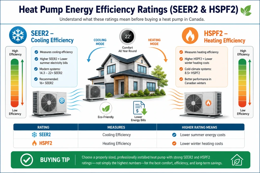 Heat pump energy efficiency ratings infographic explaining SEER2 and HSPF2 for Canadian homeowners.