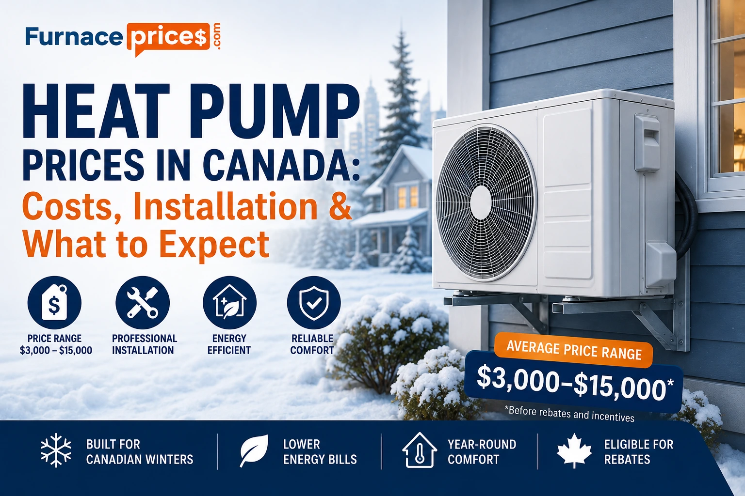 heat pump prices in Canada, installation costs, energy efficiency, rebates, and a modern outdoor heat pump unit beside a Canadian home in winter with the FurnacePrices.com
