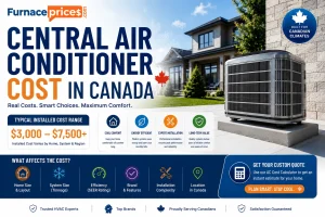 Central Air Conditioner Cost in Canada infographic showing average installation costs, pricing factors, and a modern Canadian home with a central AC unit.