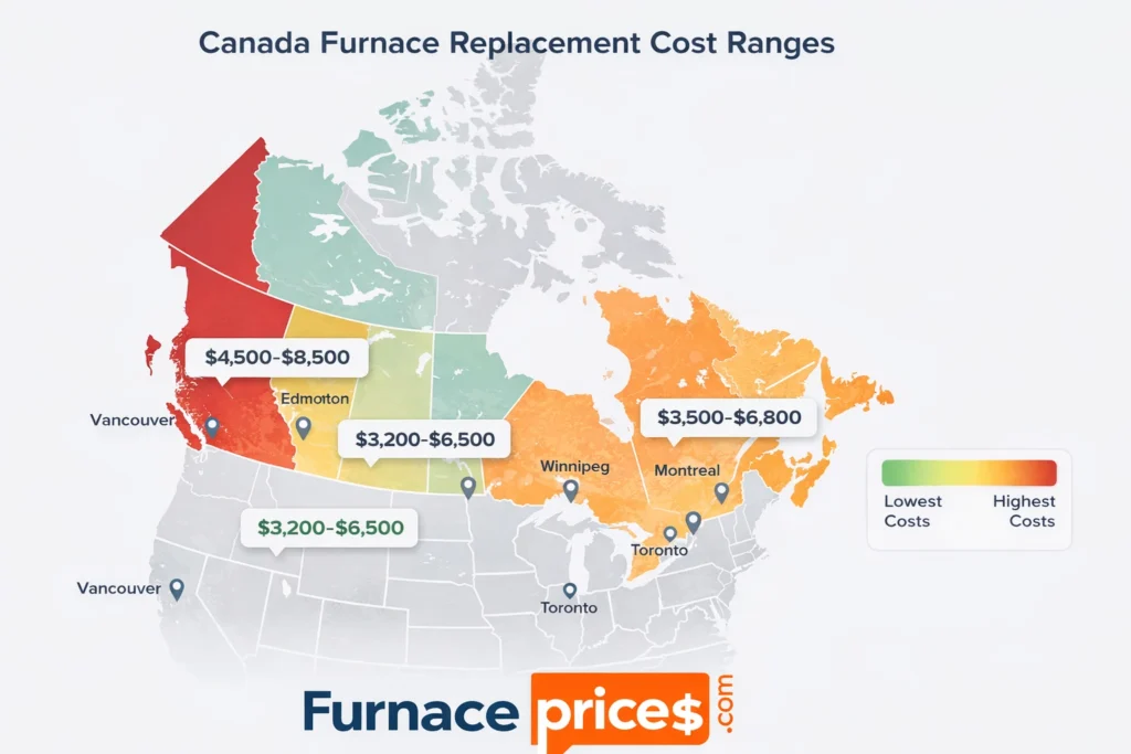 Canadian provinces map showing furnace installation costs by region with color-coded pricing from $3,200 in Manitoba to $8,500 in British Columbia
