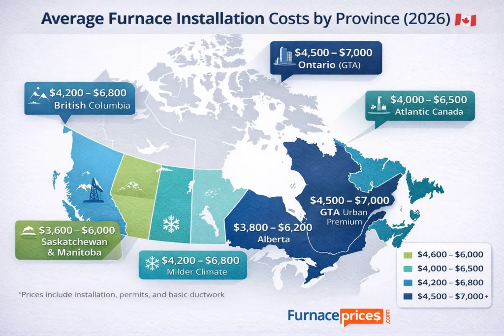Map of Canada showing average furnace installation costs by province in 2026, ranging from $3,600 in Saskatchewan to $7,000 in Toronto
