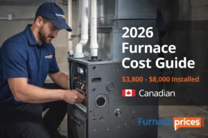 New Furnace Cost in Canada: Professional HVAC technician installing a new high-efficiency gas furnace in a Canadian home, with pricing overlay highlighting 2026 cost ranges.