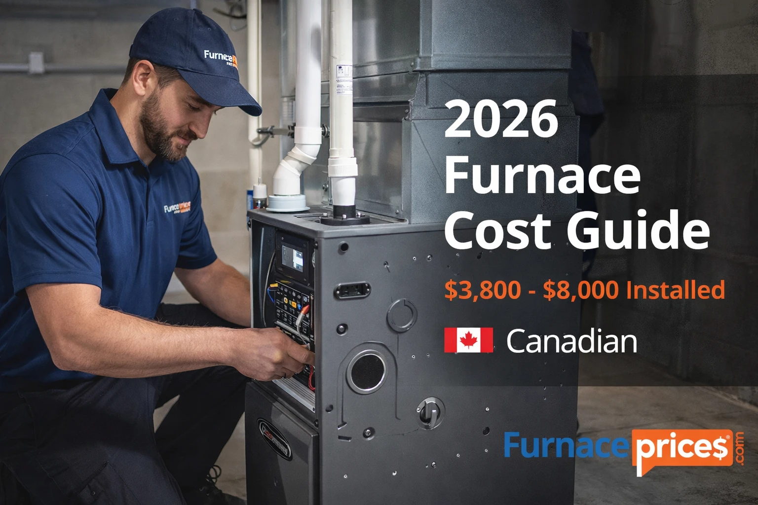 New Furnace Cost in Canada: Professional HVAC technician installing a new high-efficiency gas furnace in a Canadian home, with pricing overlay highlighting 2026 cost ranges.