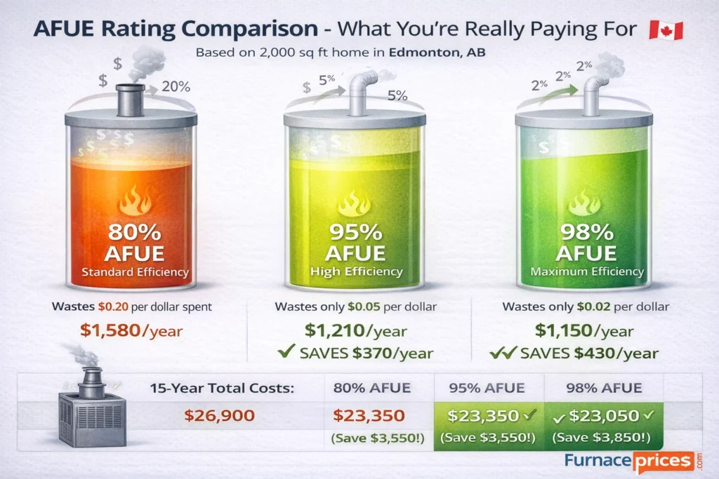 ALT Text: Visual comparison of furnace AFUE efficiency ratings showing 80%, 95%, and 98% efficiency with energy waste percentages and annual cost savings