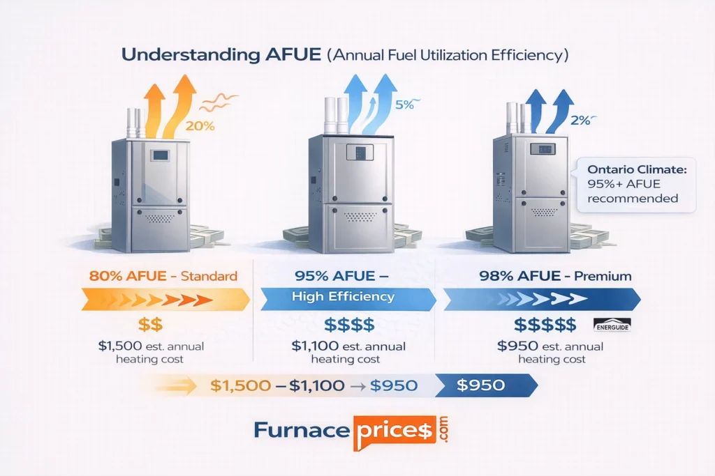 Visual comparison of 80% 95% and 98% AFUE furnace efficiency ratings showing heat output versus waste for Ontario climate