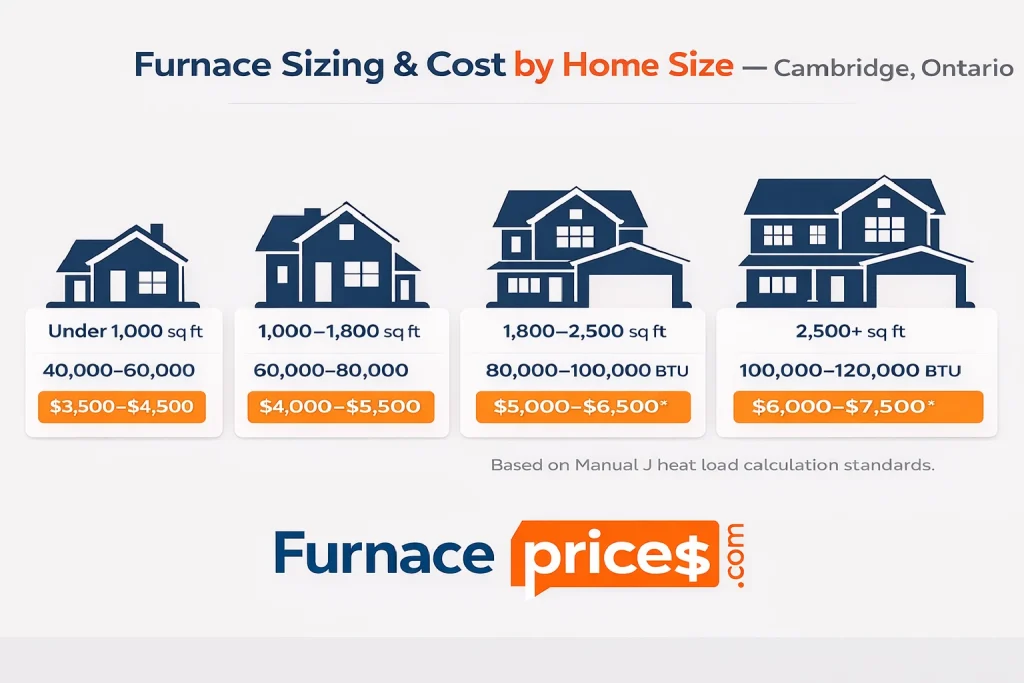 Furnace sizing and installation cost by home size for Cambridge Ontario — BTU and price guide