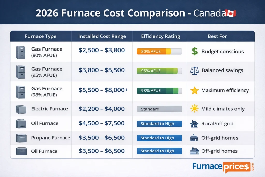 Comparison table showing installed costs for gas, electric, oil and propane furnaces in Canada 2026 ranging from $2,200 to $8,000
