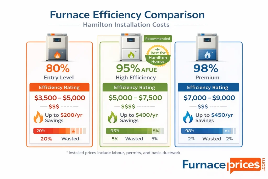 AFUE efficiency rating comparison chart showing 80 versus 95 versus 98 percent gas furnaces