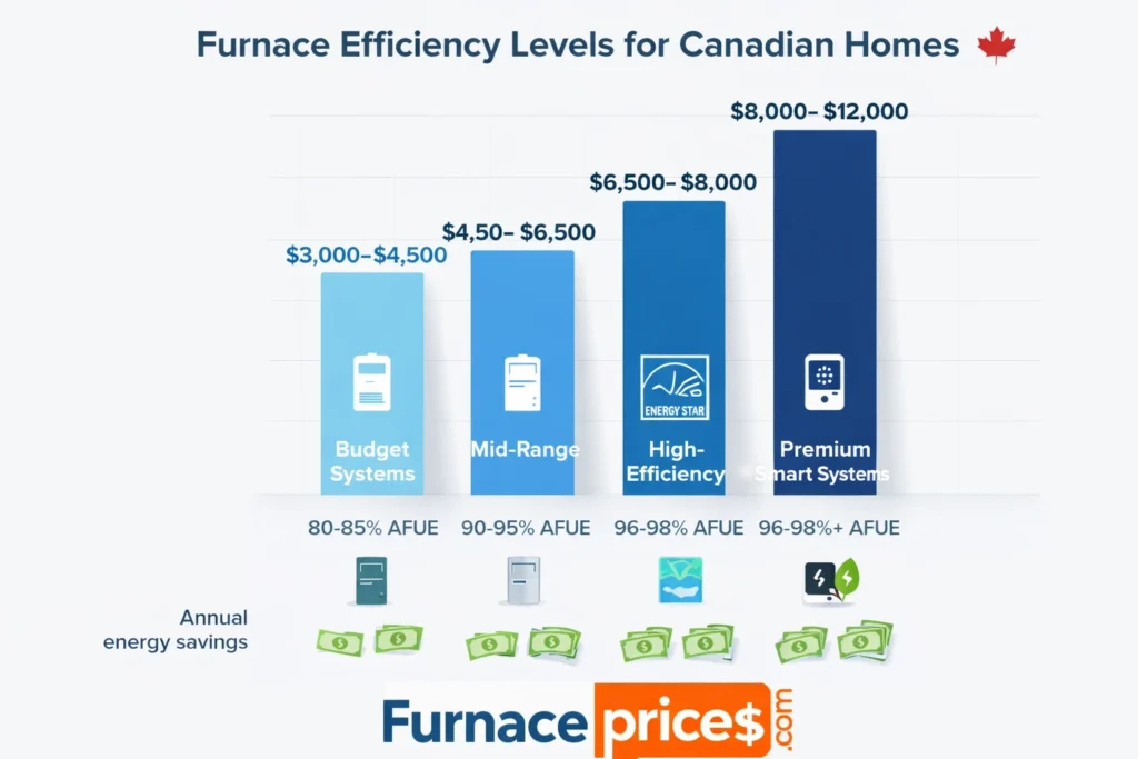 Furnace efficiency comparison chart showing AFUE ratings from 80% to 98% with corresponding replacement costs in Canada ranging from $3,000 to $12,000
