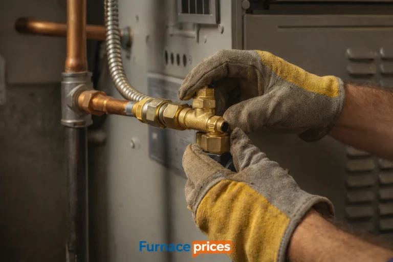 licensed HVAC technician installing high-efficiency gas furnace residential basement