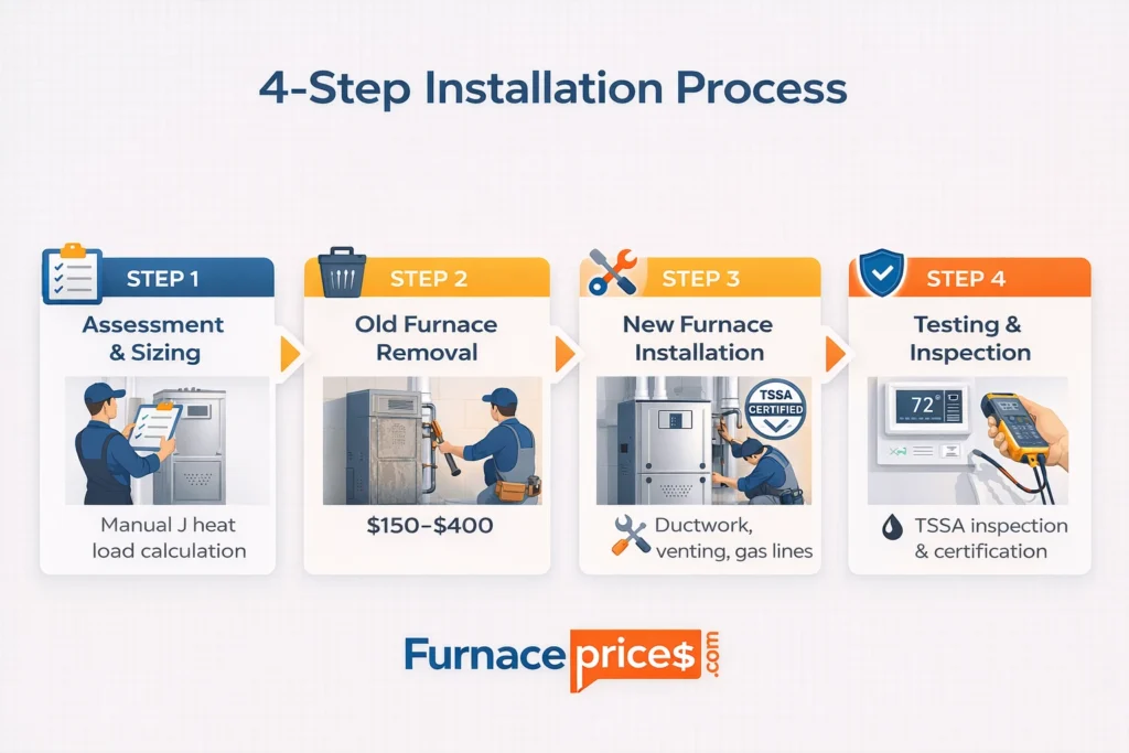 Four-step furnace installation process showing assessment sizing removal installation and TSSA inspection by certified Ontario contractor