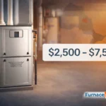 Modern high-efficiency gas furnace in Ontario home basement showing price range $2,500 to $7,500 for replacement and installation