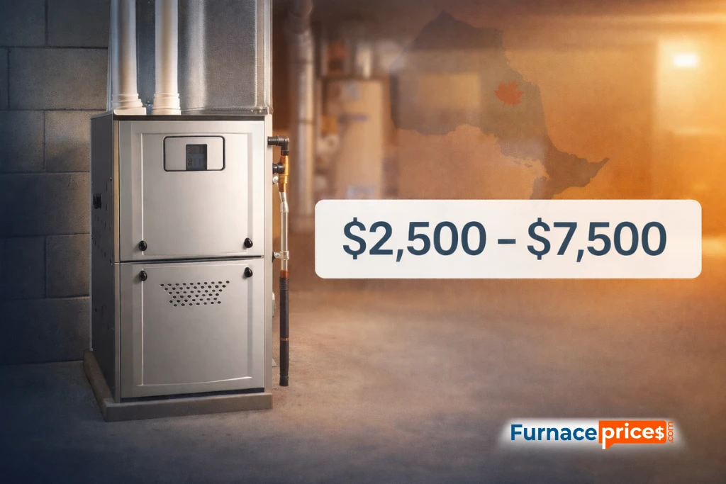 Modern high-efficiency gas furnace in Ontario home basement showing price range $2,500 to $7,500 for replacement and installation