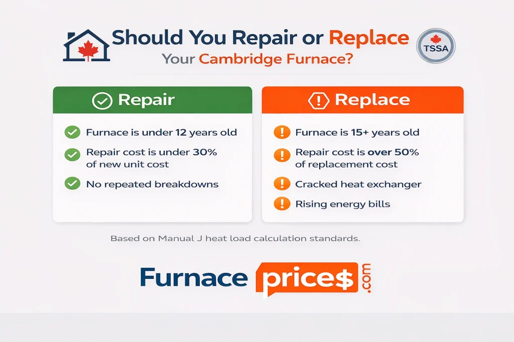 Furnace repair vs replacement decision guide for Cambridge Ontario homeowners