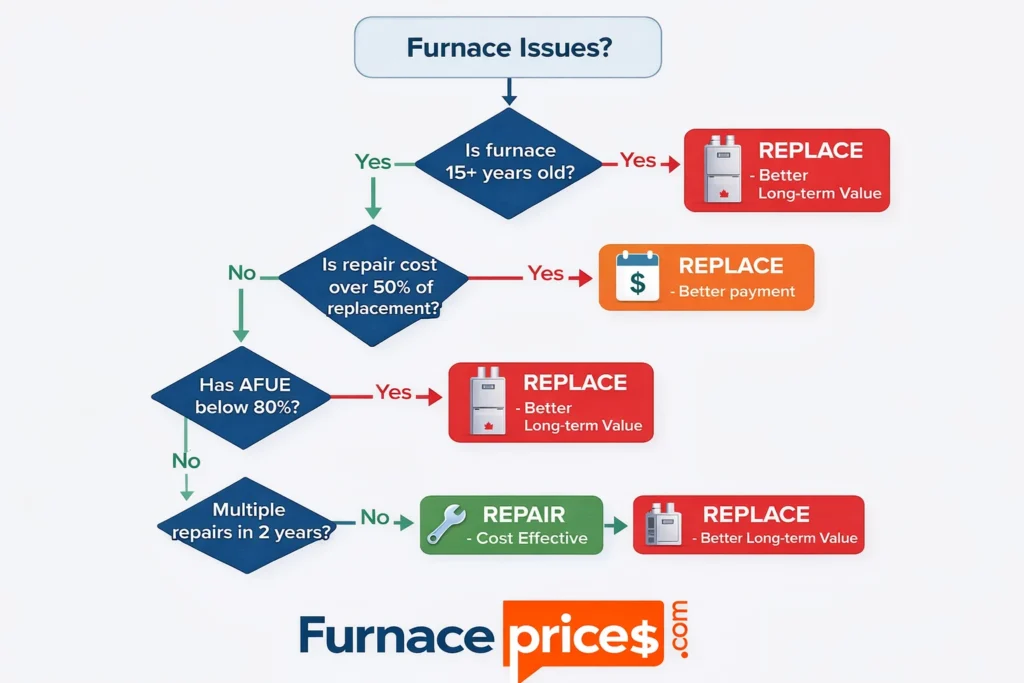Furnace repair versus replacement decision flowchart showing age, cost, and efficiency factors for Canadian homeowners
