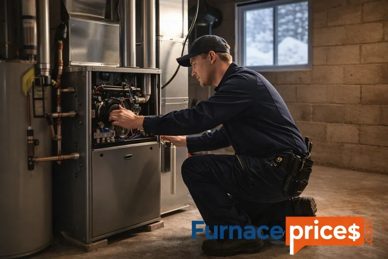 Licensed HVAC technician installing a high efficiency furnace in a Cambridge Ontario home