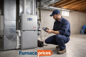 Professional HVAC technician installing modern high-efficiency furnace in Canadian home basement showing furnace replacement cost considerations