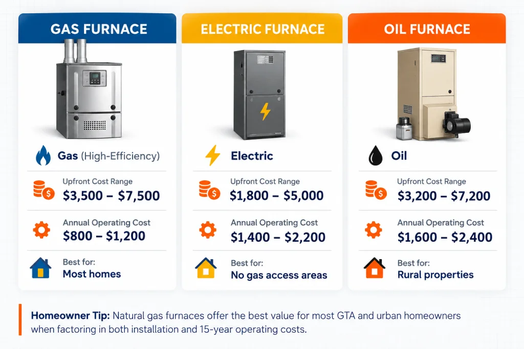 Furnace prices in Ontario comparison by fuel type: gas, electric, and oil
