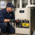 Professional HVAC technician installing 96 percent AFUE gas furnace in Hamilton Ontario home