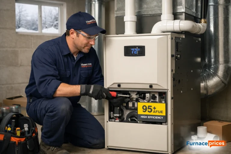 Professional HVAC technician installing 96 percent AFUE gas furnace in Hamilton Ontario home