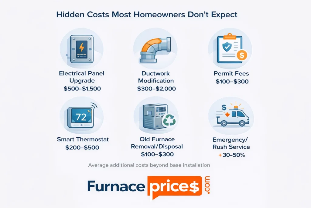 Hidden furnace replacement costs including electrical upgrades, ductwork modifications, permits, and emergency service fees ranging from $100 to $2,000
