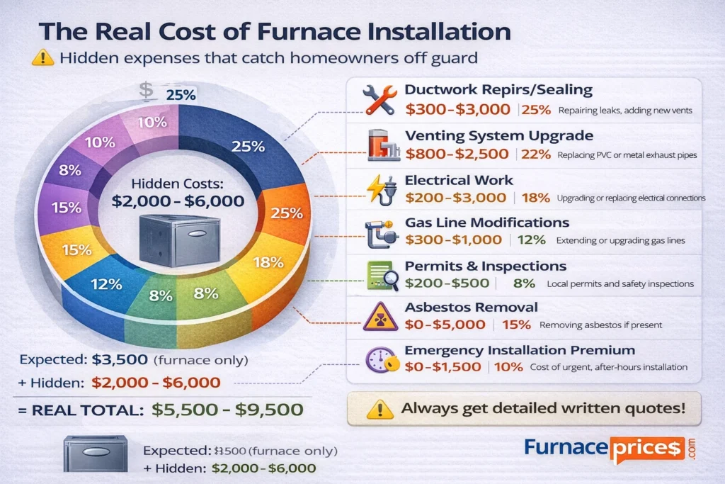 Pie chart showing breakdown of hidden furnace installation costs including ductwork repairs, venting upgrades, electrical work, and permits totaling $2,000-$6,000