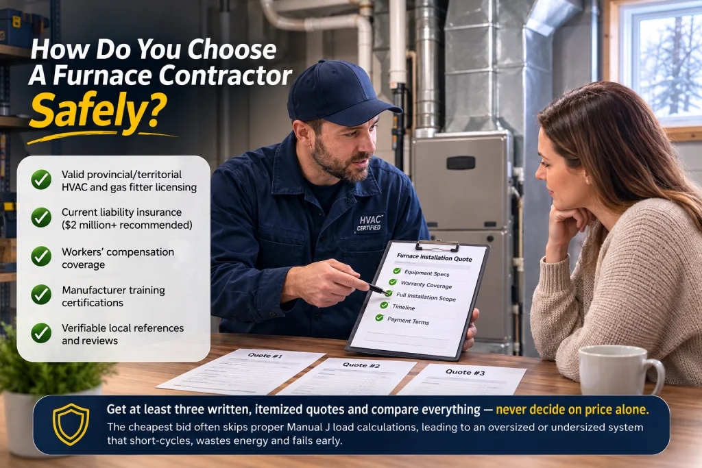 Homeowner comparing furnace contractor quotes with an HVAC professional