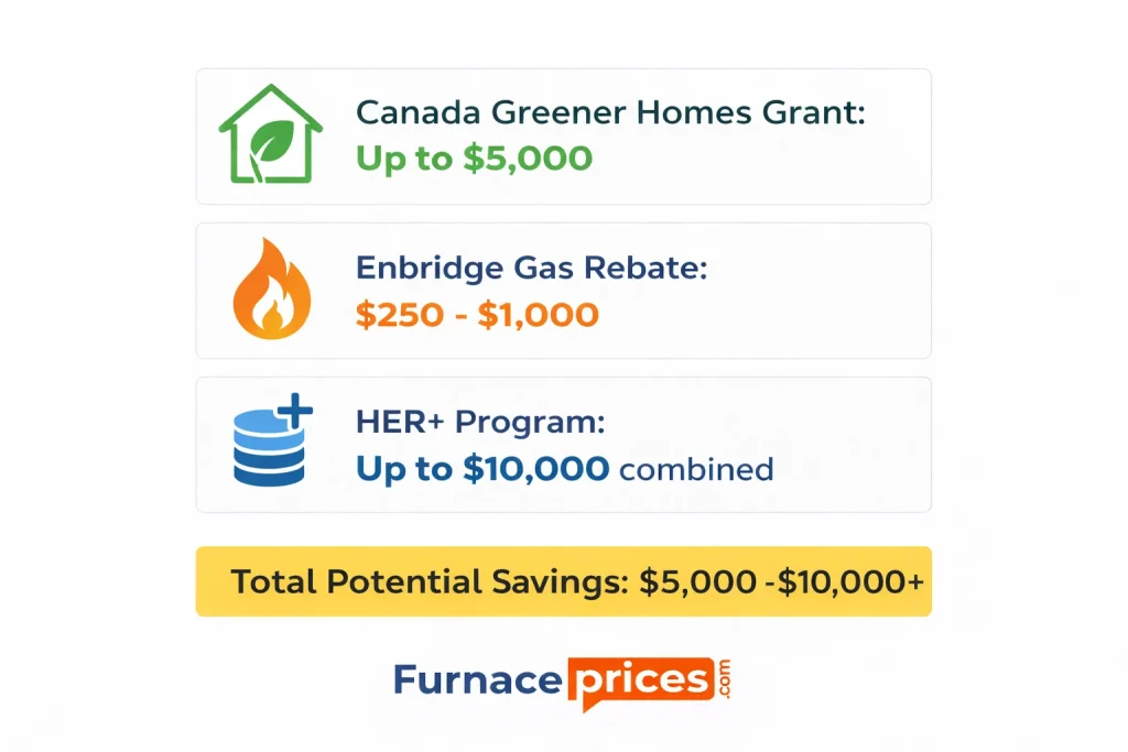 Kitchener furnace rebate programs 2026 - Greener Homes Enbridge HER+ savings