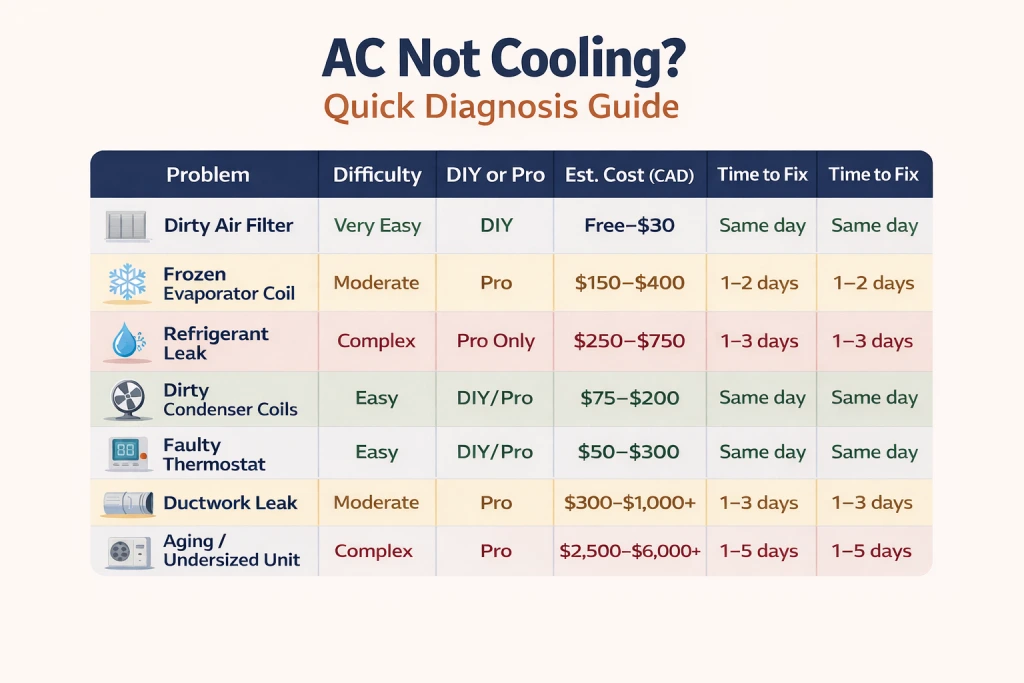 AC not cooling quick diagnosis table — repair cost and DIY vs Pro guide for Burlington homeowners