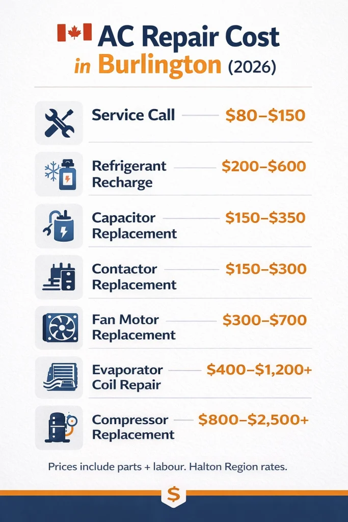 AC repair cost breakdown chart for Burlington Ontario homeowners 2026