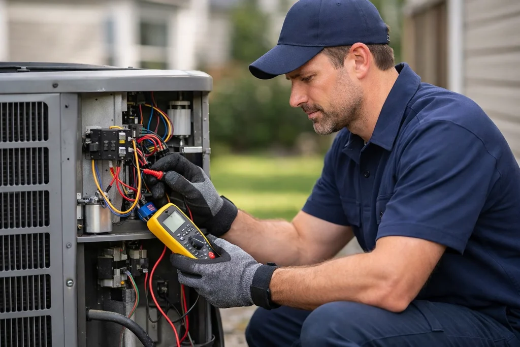 HVAC technician diagnosing air conditioner unit in Burlington Ontario
