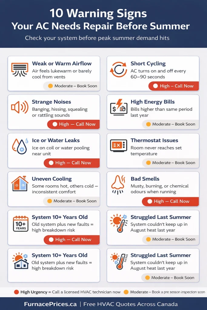 10 warning signs your AC needs repair before summer — urgency guide for Canadian homeowners