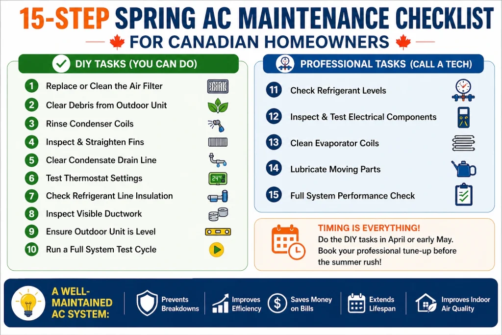 15 step spring AC maintenance checklist Canada DIY and professional tasks infographic