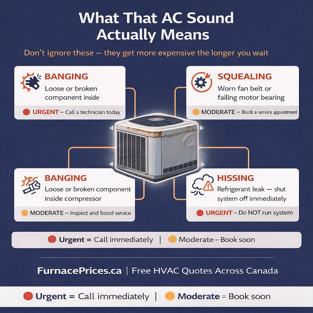 What AC noises mean — banging, hissing, squealing and rattling diagnosis guide for homeowners