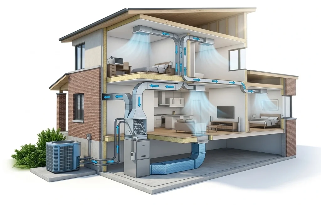 Central air conditioning system diagram showing ductwork and airflow in a Canadian home