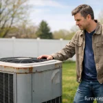 Homeowner inspecting outdoor AC unit in spring — signs your air conditioner needs repair before summer in Canada