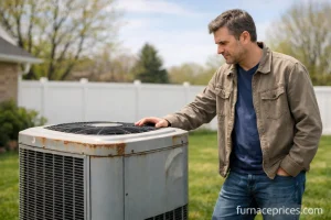 Homeowner inspecting outdoor AC unit in spring — signs your air conditioner needs repair before summer in Canada