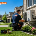 Professional HVAC technician installing AC unit on a Burlington home exterior while explaining AC installation cost in Burlington for homeowners planning a new cooling system upgrade.