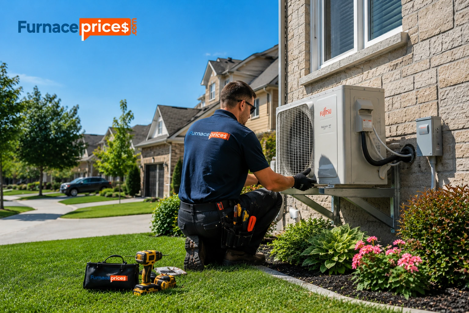 Professional HVAC technician installing AC unit on a Burlington home exterior while explaining AC installation cost in Burlington for homeowners planning a new cooling system upgrade.