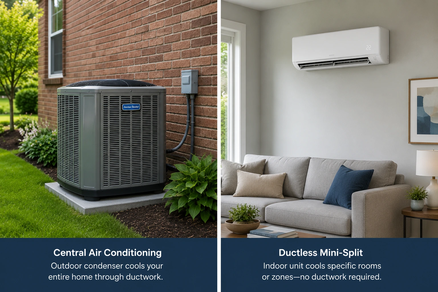Side-by-side comparison of central air conditioner and ductless mini-split system in Burlington home
