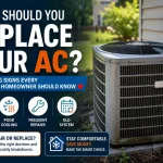 Old outdoor AC unit beside a Canadian home showing warning signs that it may need replacement due to age, repairs, and rising energy costs.
