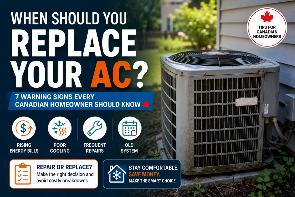 Old outdoor AC unit beside a Canadian home showing warning signs that it may need replacement due to age, repairs, and rising energy costs.