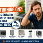 Ontario homeowner troubleshooting an air conditioner that won't turn on, showing thermostat, outdoor AC unit, and common AC diagnostic checks.