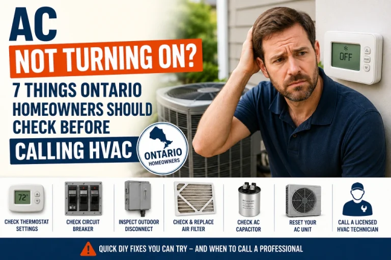 Ontario homeowner troubleshooting an air conditioner that won't turn on, showing thermostat, outdoor AC unit, and common AC diagnostic checks.