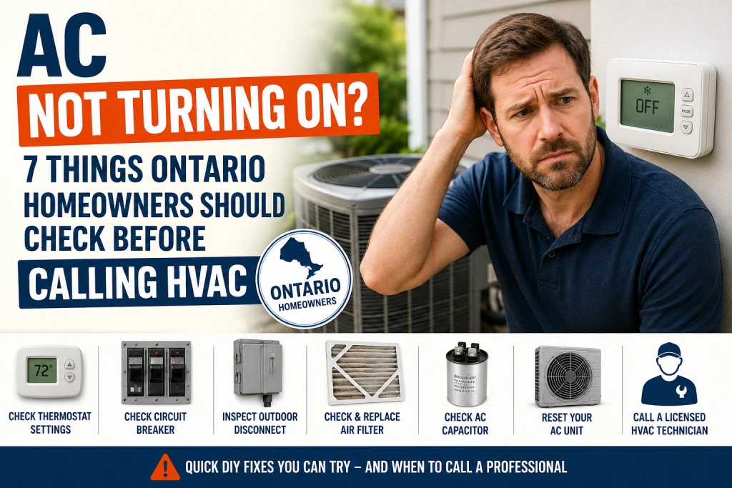 Ontario homeowner troubleshooting an air conditioner that won't turn on, showing thermostat, outdoor AC unit, and common AC diagnostic checks.