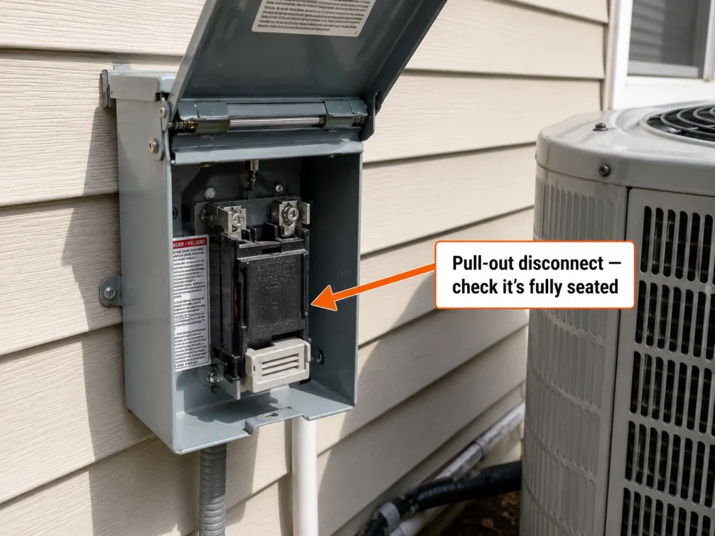 Metal AC outdoor disconnect box mounted on an exterior wall next to a central air conditioner condenser unit, showing the pull-out disconnect block inside